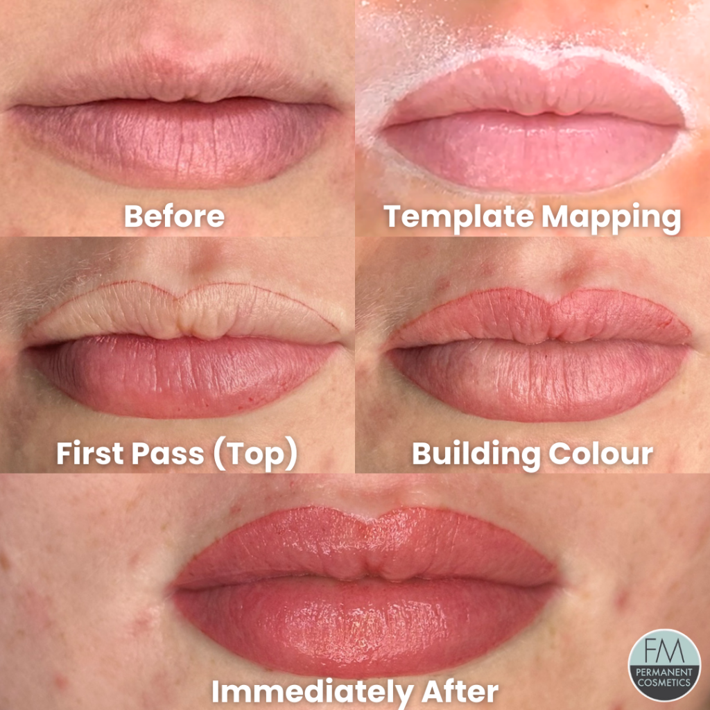 full lip before, mapping, first pass, building colour and immediately after